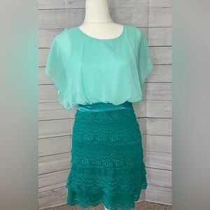 Teal lace wedding guest dress